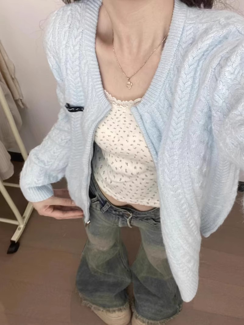 甜美軟糯基礎多色紐花針織開衫外套短款拉鏈上衣女韓版溫柔氣質