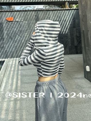 SISTER韩版2024秋季条纹拉链连帽长袖上衣