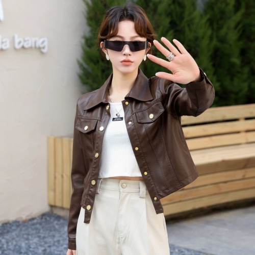 Leather jacket women's short 2024 spring new high-end motorcycle brown color slimming and age-reducing small jacket