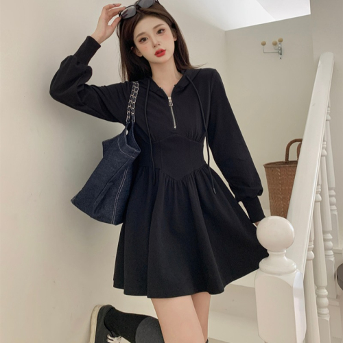 Plus size women's spring and autumn hooded sweatshirt skirt waist slimming dress A-line short skirt fat mm 200 pounds 300