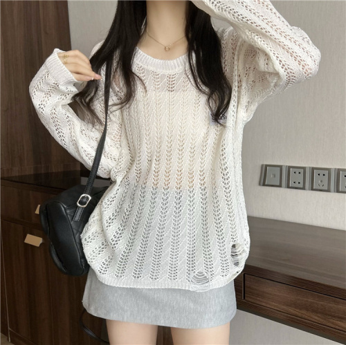 Actual shot~early autumn new style hollow loose round neck knitted long-sleeved top