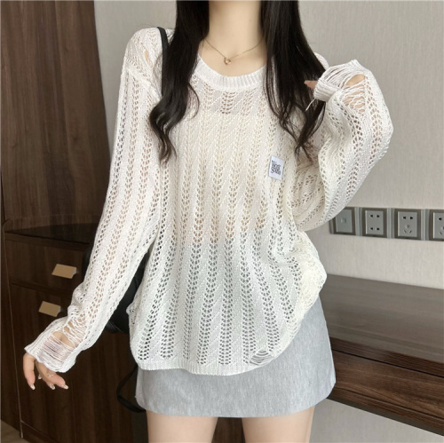 Actual shot~early autumn new style hollow loose round neck knitted long-sleeved top