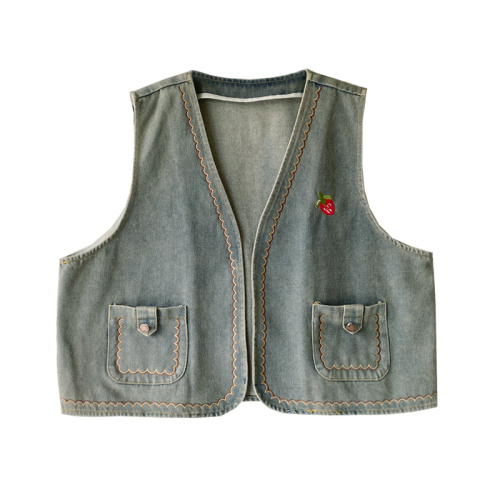 It’s just that the vest is not less than 99. Real shot of retro college style embroidered Japanese denim vest