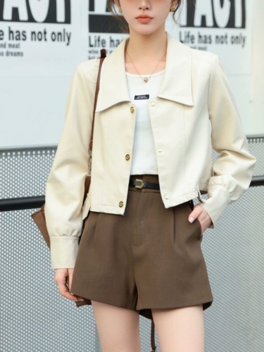 PU leather short jacket 2024 early spring and autumn new casual Korean style versatile lapel small high-end motorcycle wear