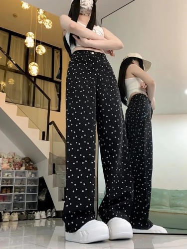 Black High-Waisted Wide-Legged Denim Pants for Spring and Summer, Retro Polka Dot, Instagram Style, Loose and Slimming, Versatile Straight Leg, Flowy