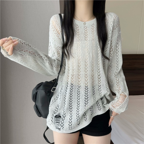 Actual shot~early autumn new style hollow loose round neck knitted long-sleeved top