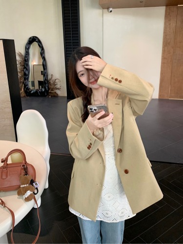 Actual shot ~ Variegated gun lapel silhouette suit jacket for women autumn casual shoulder pad suit top