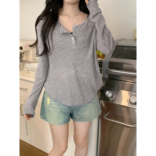 Real shot of lazy style gray half-open collar long-sleeved T-shirt for women 2024 autumn new loose and slim blouse