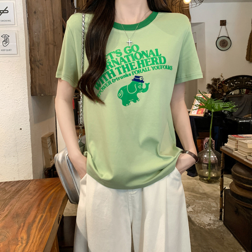 Real shot of new summer classic green elephant letter printed short-sleeved T-shirt for women