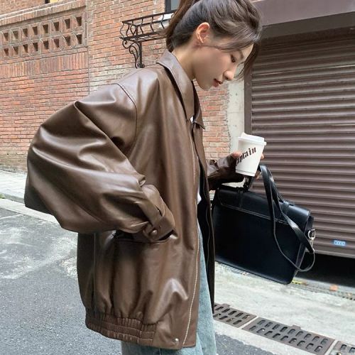 Retro Brown Leather Jacket Women's Short Spring and Autumn Korean Style Loose Leather Jacket Handsome Motorcycle Jacket for Small People