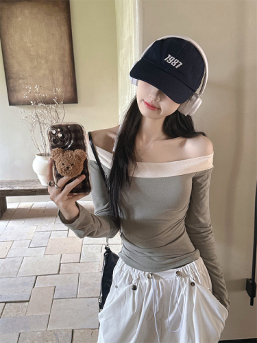 Real shot of simple T-shirt women's long-sleeved tops autumn fashion women's one-shoulder color-blocking waist versatile base