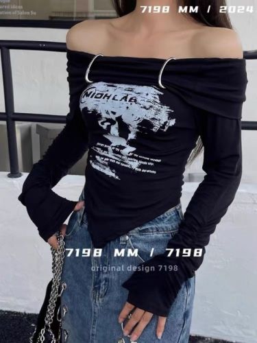 7198MM Autumn new temperament one-shoulder design letter print long-sleeved T-shirt women's slim slim top