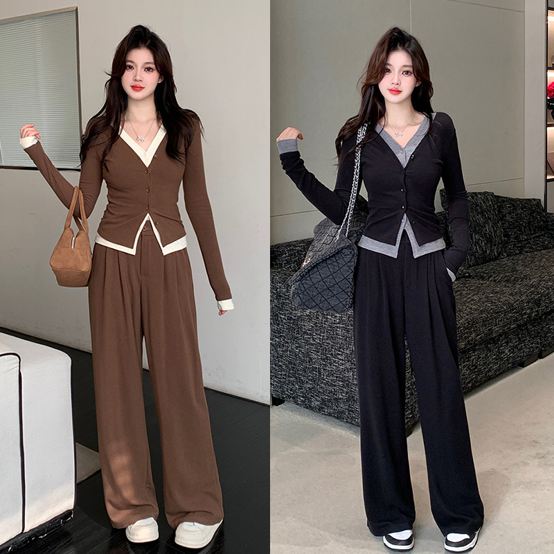 Actual shot of 2024 new autumn clothing for fat mm plus size fake two-piece cardigan top + high-waisted elastic wide-leg pants