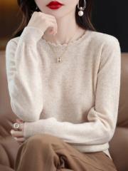 Soft and fluffy casual floral edge round neck women's new stylish 2024 autumn and winter sweater long sleeve knit top loose