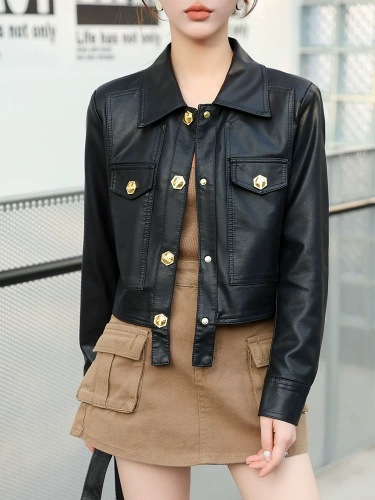 Leather jacket women's short style petite spring and autumn 2024 new Korean style slim slim motorcycle jacket top