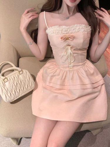 Real shot of a rich family's daughter miu series of delicate and sweet bow-tied puffy suspender skirt with thousand-layer lace for women