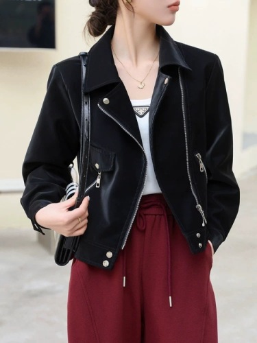 Fashionable temperament leather jacket women's short style 2024 spring and autumn new Korean style versatile loose leather jacket top trend