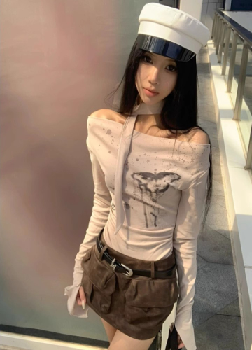 260g custom-cut butterfly print long-sleeved T-shirt for women, American retro streamer elastic slimming one-shoulder top