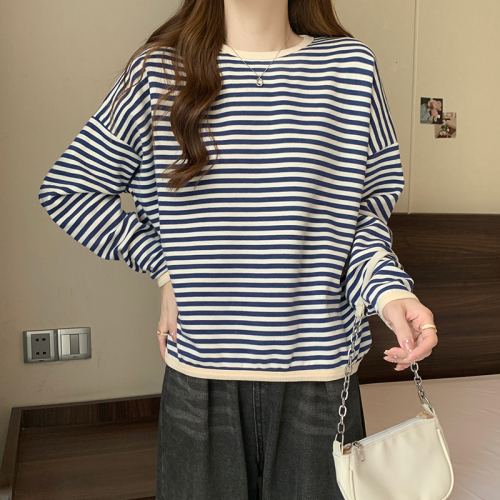 Actual shot of 250g striped sweatshirt for women spring and autumn thin 2024 round neck long-sleeved T-shirt tops large size women's 200 pounds