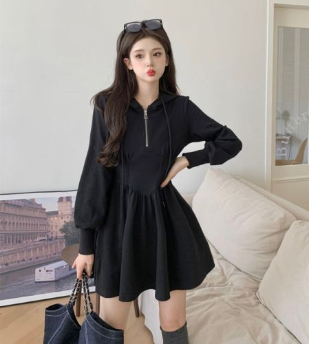 Plus size women's spring and autumn hooded sweatshirt skirt waist slimming dress A-line short skirt fat mm 200 pounds 300