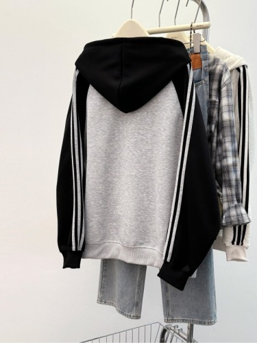 Real shot of imitation cotton Chinese cotton spring and autumn thin 2024 sweatshirt raglan sleeves trendy striped hooded Korean style women's top 200 pounds