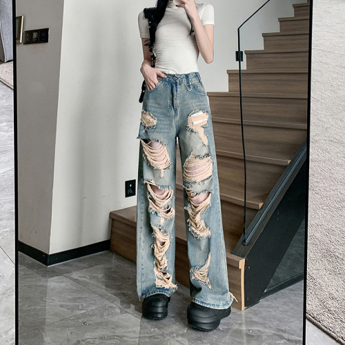 Real shot~Wasteland style ripped holes, dirty distressed washed jeans for women, American retro tattered beggar pants