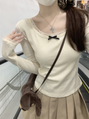 Real shot of early autumn new pure desire lace stitching pleated fabric age-reducing design long-sleeved T-shirt top for women