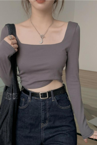 Fashion super hot Korean style square collar short top for women autumn new style slim inner layering shirt long sleeve T-shirt for women