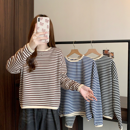 Actual shot of 250g striped sweatshirt for women spring and autumn thin 2024 round neck long-sleeved T-shirt tops large size women's 200 pounds