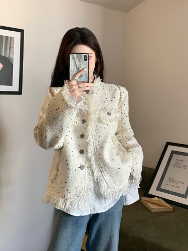 Xiaoxiangfeng jacket for women in autumn 2024 new design colorful polka dot tassel loose high-end long-sleeved top