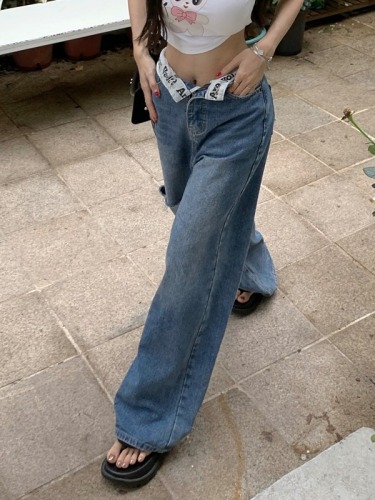 Real shot!  Cool design and personalized ripped letter cuffed straight wide leg pants floor mopping jeans