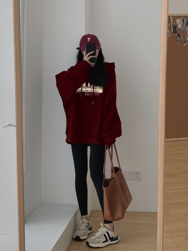 Thin velvet thickened high street American style hooded sweatshirt for women autumn and winter trendy brand oversize niche jacket sweatshirt