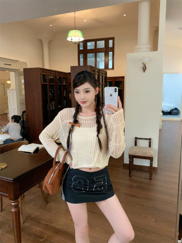 Real shot of new autumn style hollow irregular chic knitted blouse short top without suspenders