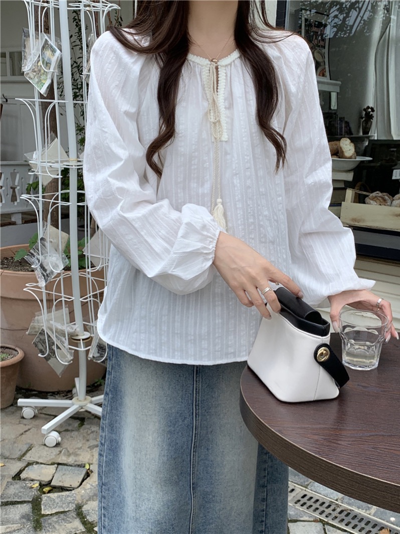 實拍 簡約休閒純色綁帶套頭襯衫韓版長袖圓領純棉上衣