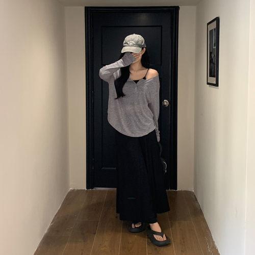 Real shot of lazy style gray half-open collar long-sleeved T-shirt for women 2024 autumn new loose and slim blouse