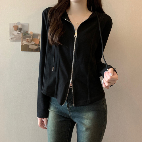 Real shot 2*2 Modal 260 short coat for women spring and autumn solid color hooded cardigan slim thin zipper long-sleeved top