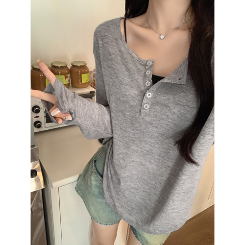 Real shot of lazy style gray half-open collar long-sleeved T-shirt for women 2024 autumn new loose and slim blouse