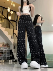Black High-Waisted Wide-Legged Denim Pants for Spring and Summer, Retro Polka Dot, Instagram Style, Loose and Slimming, Versatile Straight Leg, Flowy