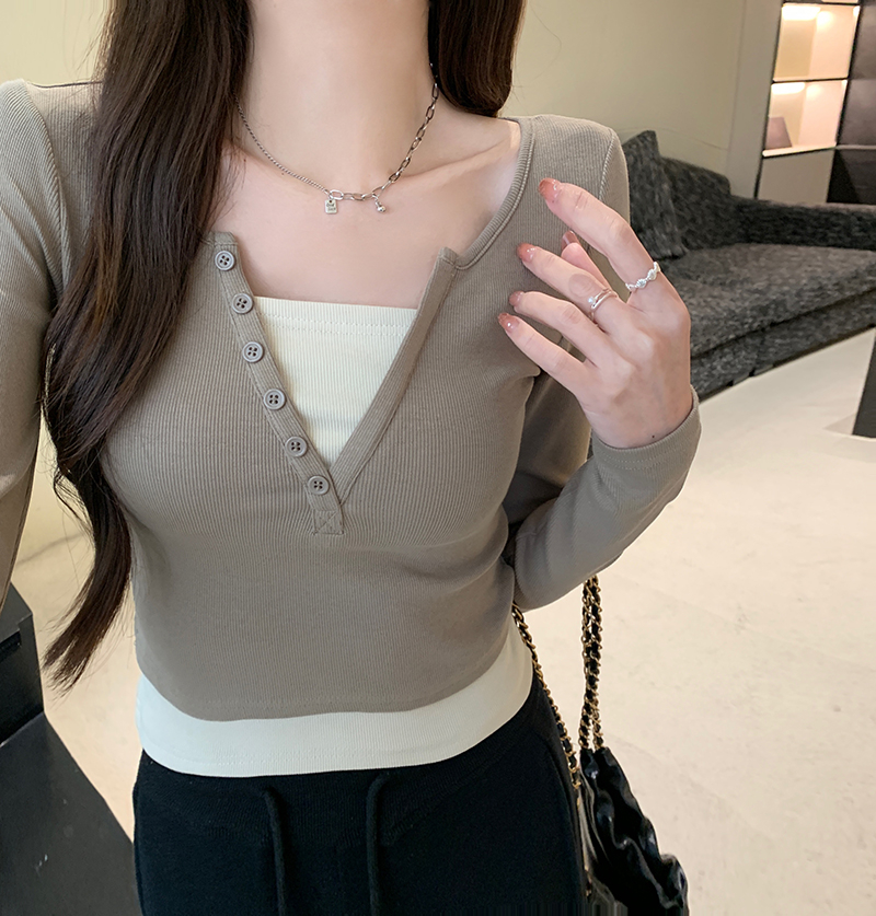 Real shot 250 grams of ribbed long-sleeved t-shirt for women spring and autumn thin slimming fake two-piece undershirt round neck top Korean style women's clothing 