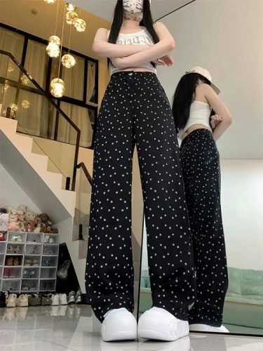 Black High-Waisted Wide-Legged Denim Pants for Spring and Summer, Retro Polka Dot, Instagram Style, Loose and Slimming, Versatile Straight Leg, Flowy