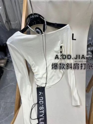 ADD Korean style autumn new style pure lust style slim waist pleated design slope collar long-sleeved T-shirt hot girl tops women