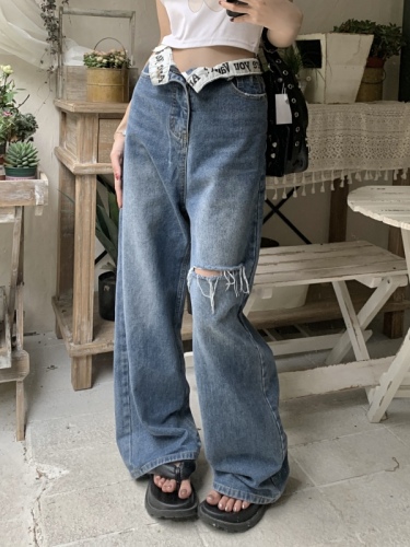 Real shot!  Cool design and personalized ripped letter cuffed straight wide leg pants floor mopping jeans