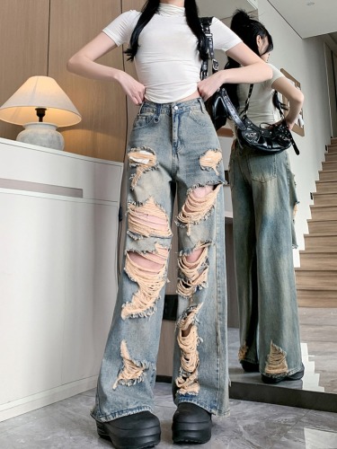 Real shot~Wasteland style ripped holes, dirty distressed washed jeans for women, American retro tattered beggar pants