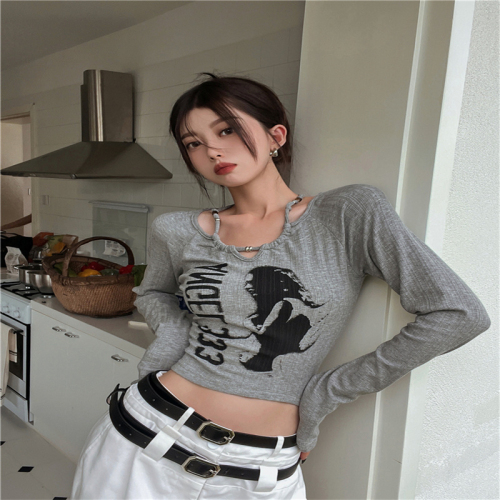 Sweet hot girl short top women's autumn design niche American black right shoulder long sleeve T-shirt