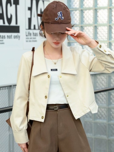 PU leather short jacket 2024 early spring and autumn new casual Korean style versatile lapel small high-end motorcycle wear