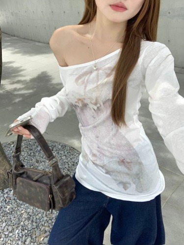 Real shot of retro bra printed thin round neck slim pure desire sun protection long-sleeved top for women