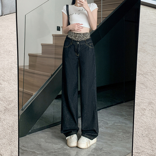 Actual shot~Designed stitching leopard print jeans for women, lazy style American retro fake two-piece straight pants