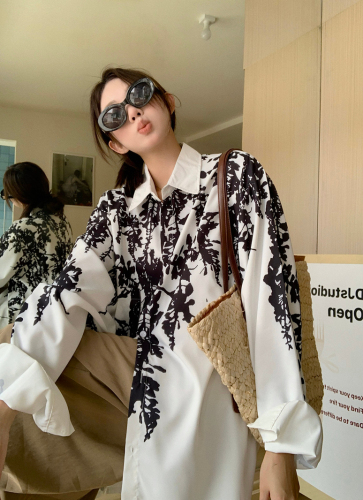 Real shot of retro temperament casual printed long-sleeved thin shirt for women autumn new niche design chic top