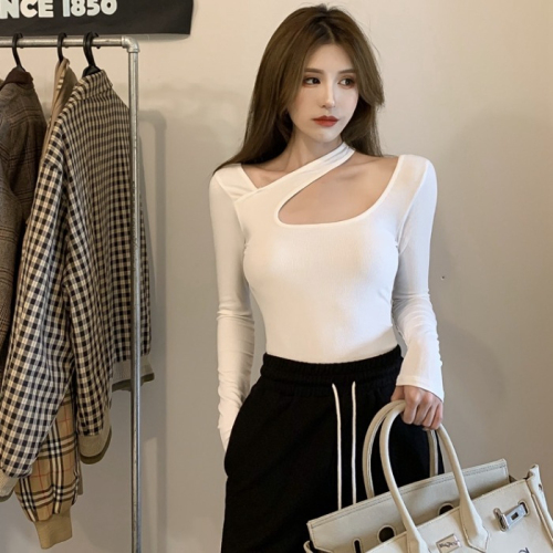 Fashion super hot Korean style new autumn sexy slimming student tops design halterneck long-sleeved T-shirt for women