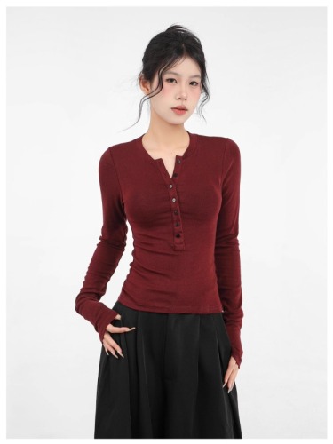 Official photo of DeRong gray v-neck long-sleeved T-shirt for women, slimming and tight-fitting inner layered shirt top